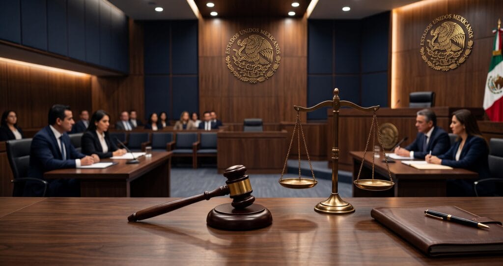 Sala de tribunal con mazo de juez y balanza de la justicia, ilustrando el juicio de amparo en México