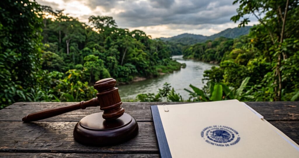 Selva y río mexicano con mazo de juez, ilustrando los nuevos delitos ambientales en Veracruz
