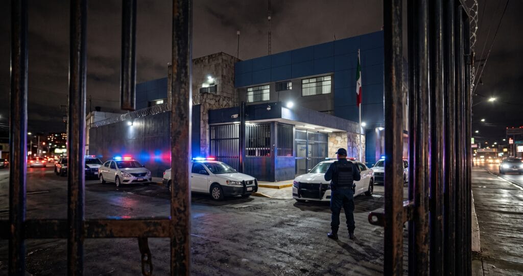 Módulo de detención municipal en México de noche, con patrullas y policía frente a rejas metálicas, ilustrando el Penalito de Veracruz
