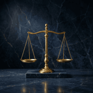 Brass balance scale centered on a dark marble surface